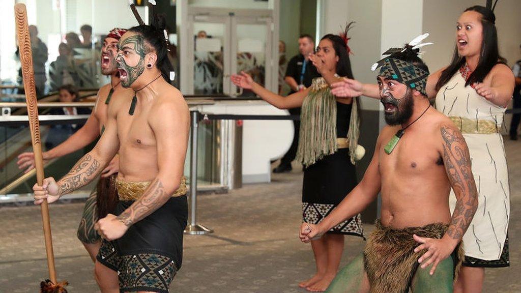 The British and Irish Lions are greeted at Auckland airport by a traditional Maori welcoming ceremony