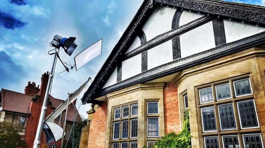 Film lighting outside Hulme Hall in Port Sunlight