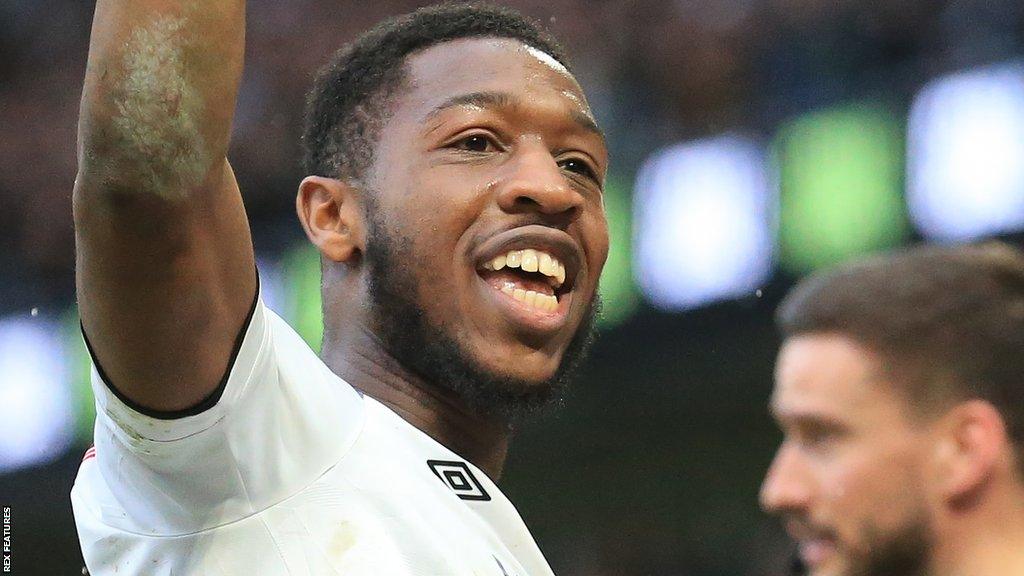 Ebou Adams celebrates his goal against Blackpool