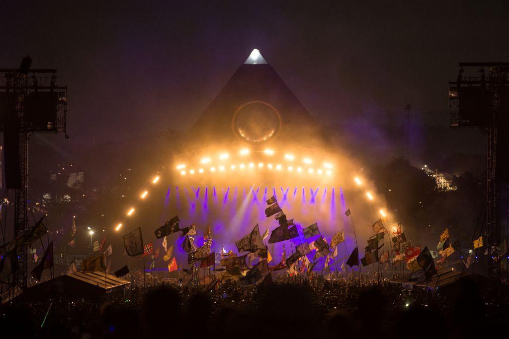 The Killers perform on the Pyramid Stage at the Glastonbury Festival.