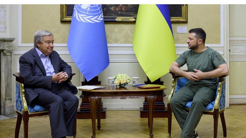 Ukraine's President Volodymyr Zelenskiy shakes hands with UN Secretary-General Antonio Guterres, amid Russia's attack on Ukraine, in Lviv, Ukraine August 18, 2022