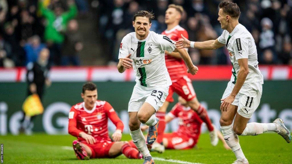 Borussia Monchengladbach attacking midfielder Jonas Hofmann celebrates scoring against Bayern Munich