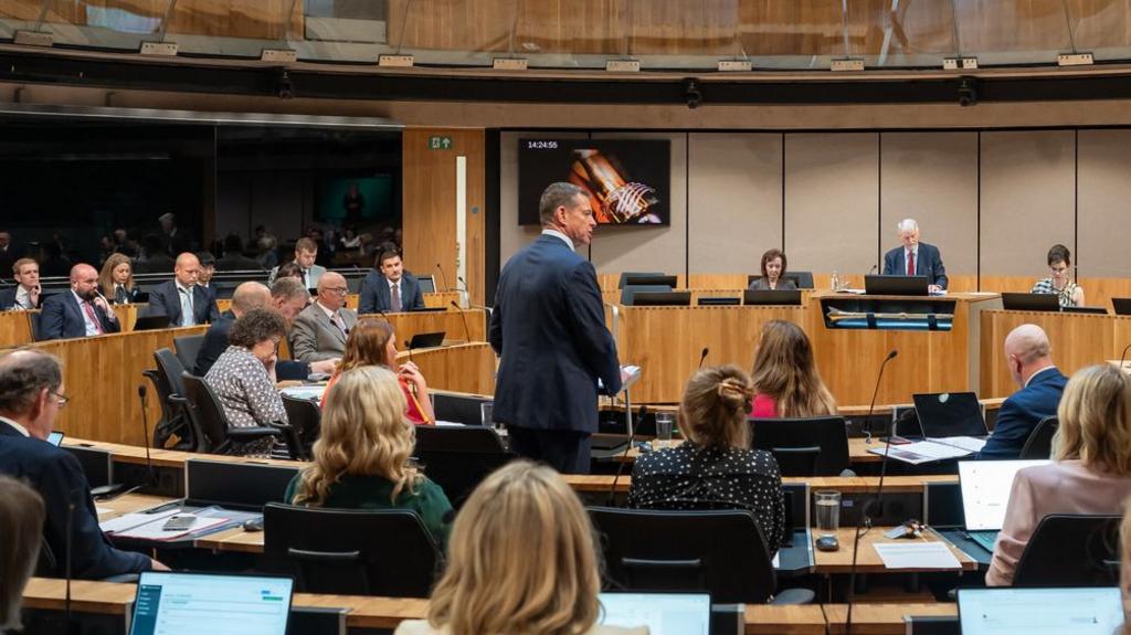 Rhun ap Iorwerth, wearing a navy suit, stands up in the Senedd chamber surrounded by other seated members.