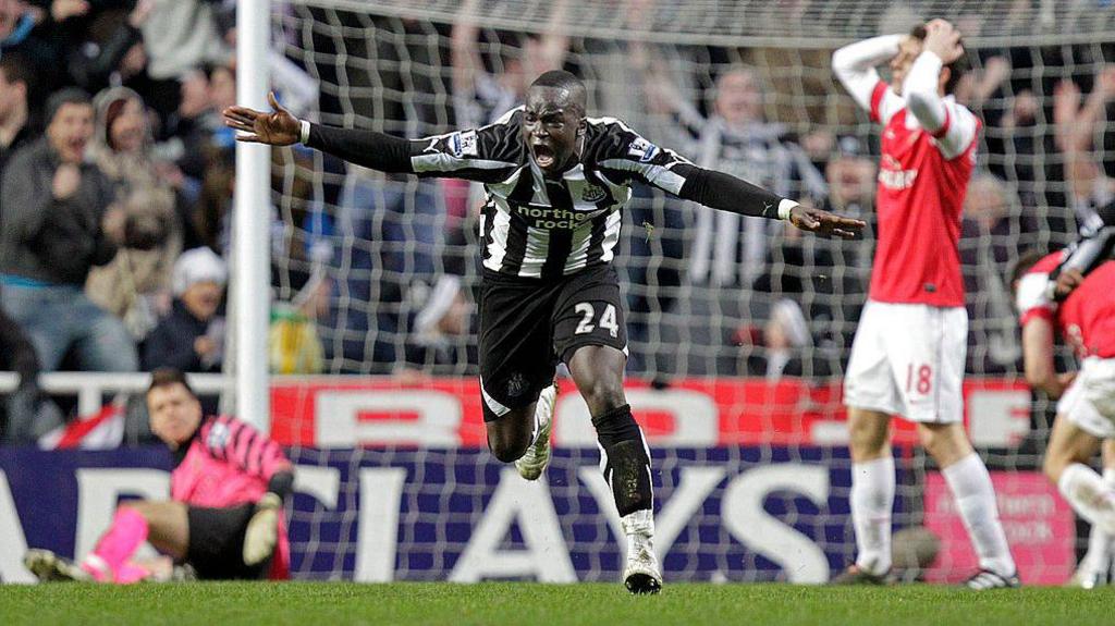Cheick Tiote celebrates after scoring a sensational late equaliser for Newcastle against Arsenal in 2011