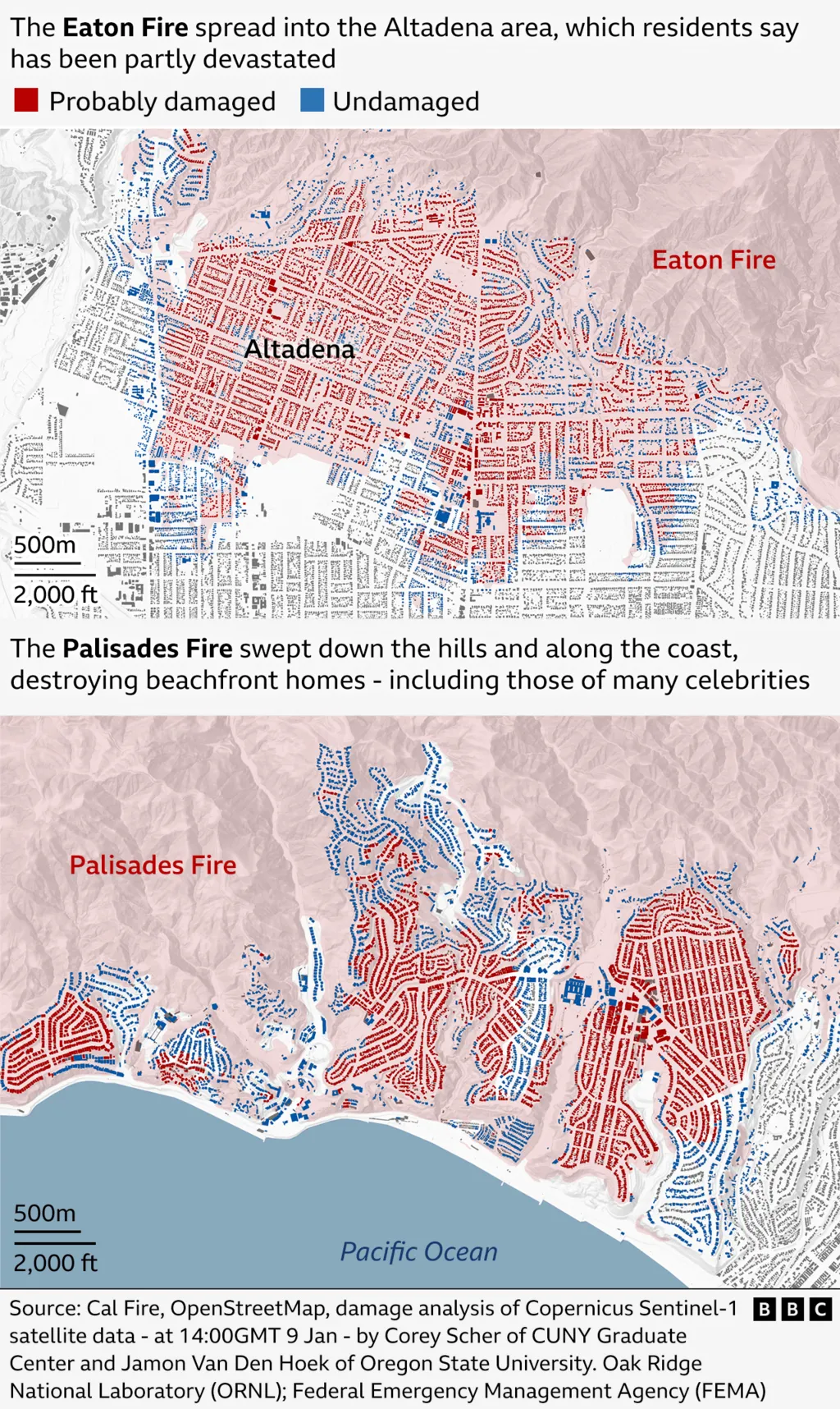 Two maps highlight how large areas of the Pacific Palisades and Altadena were damaged in the fires