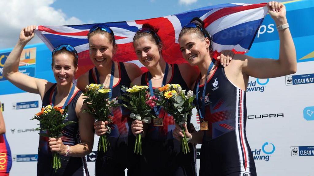  Helen Glover, Esme Booth, Samantha Redgrave and Rebecca Shorten pose with their medals