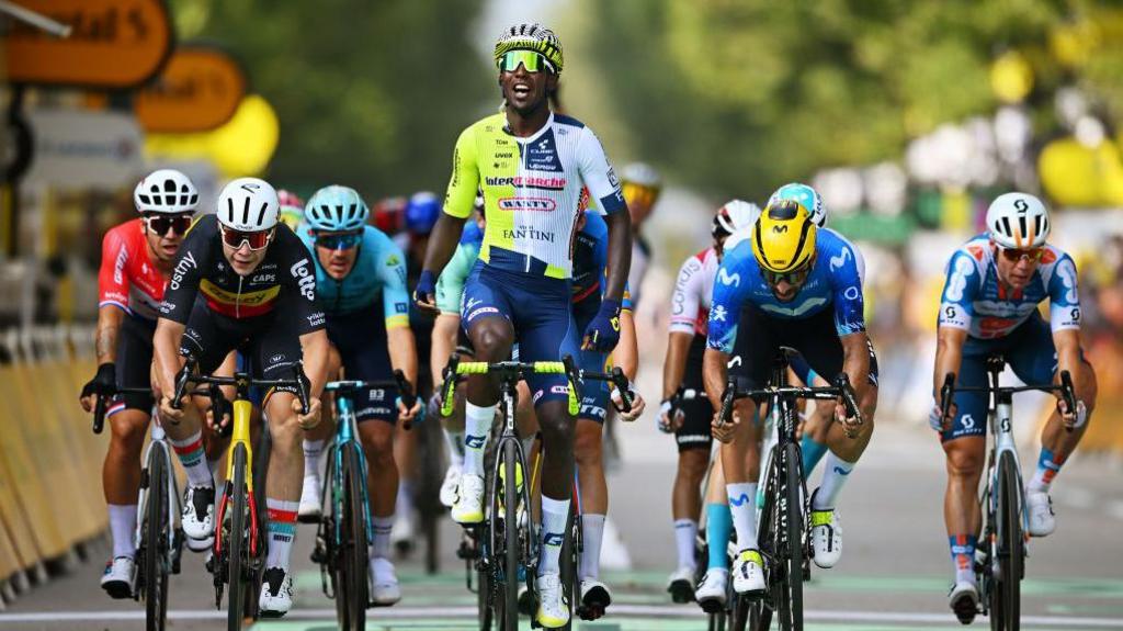 Biniam Girmay of Eritrea and Team Intermarche - Wanty (C) celebrates at finish line.