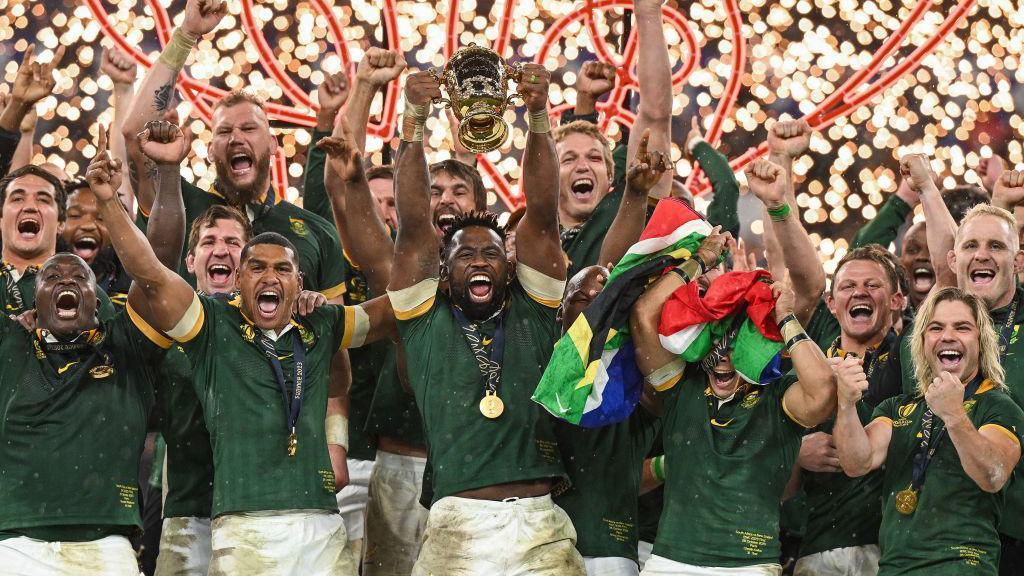 South Africa celebrate their 12-11 victory over New Zealand in the 2023 Rugby World Cup final
