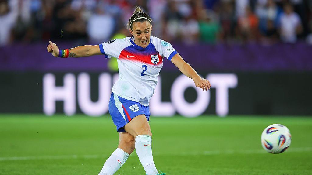 Lucy Bronze takes a penalty for England against Sweden in a shootout during the Euro 2025 quarter-final