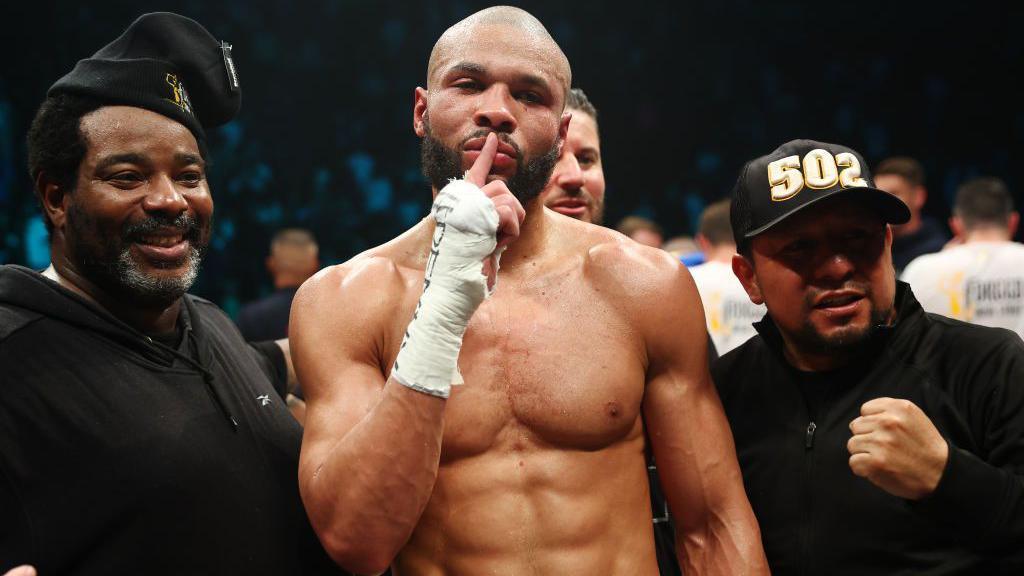 Chris Eubank Jr celebrates with his team after beating Liam Smith in September 2023