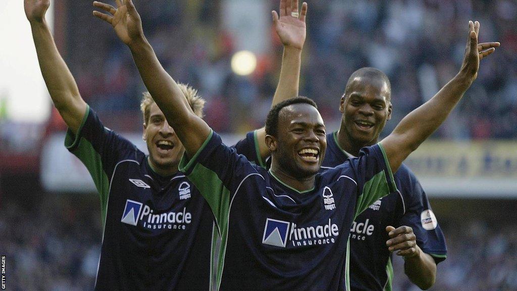 David Johnson (centre) celebrating scoring for Forest in the play-offs