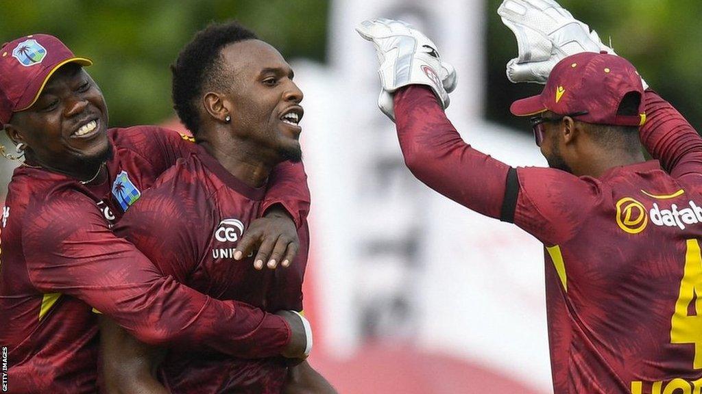 West Indies celebrate a wicket