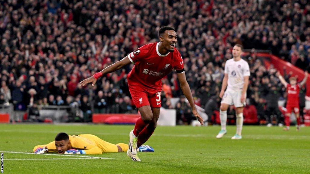 Ryan Gravenberch celebrates his goal for Liverpool