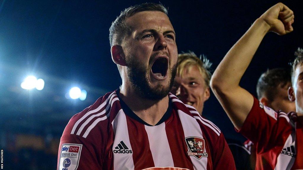 Pierce Sweeney celebrates scoring the winning penalty in his side's Carabao Cup second round penalty shootout win over Stevenage