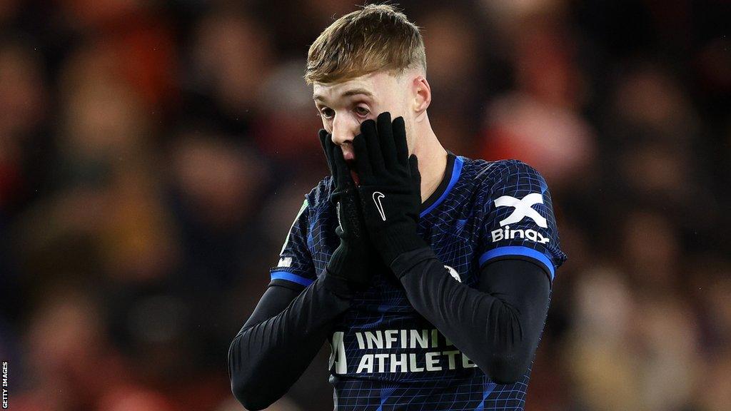 Chelsea's Cole Palmer reacts after missing a chance against Middlesbrough in the Carabao Cup semi-final first leg