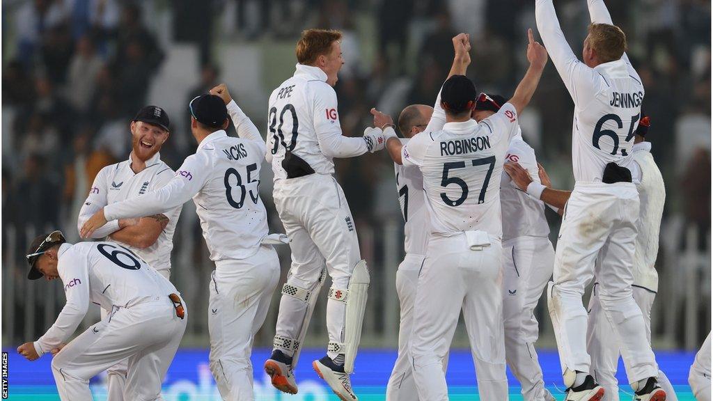 England's players celebrate first Test victory over Pakistan