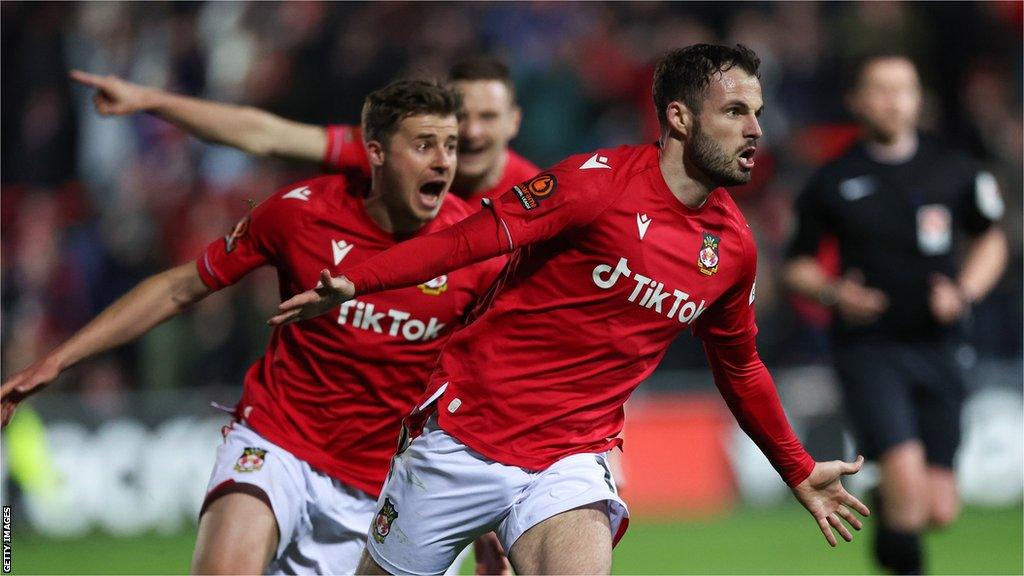 Anthony Forde celebrates after scoring Wrexham's opener against Yeovil