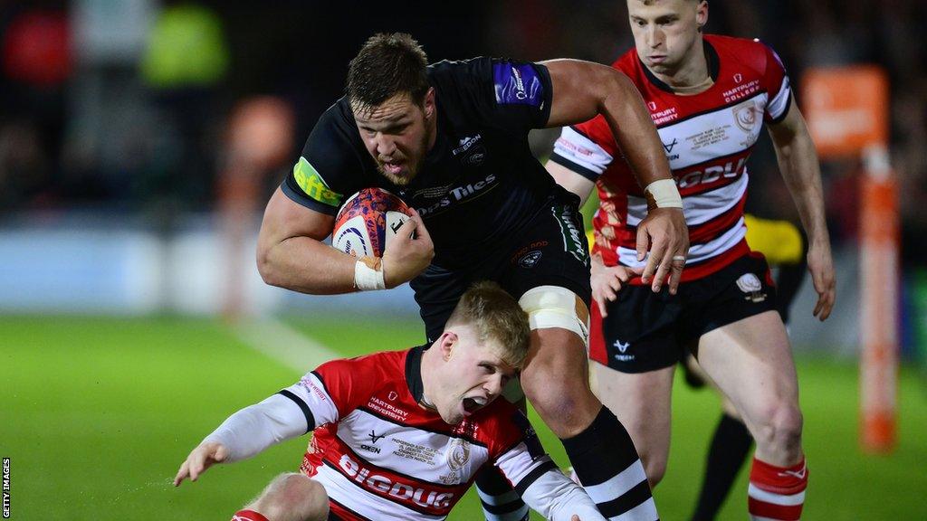 Action shot from Leicester's Premiership Rugby Cup final defeat by Gloucester