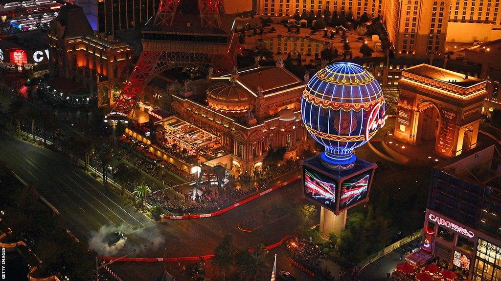 A picture of the Las Vegas Strip at night, including Formula 1 markings