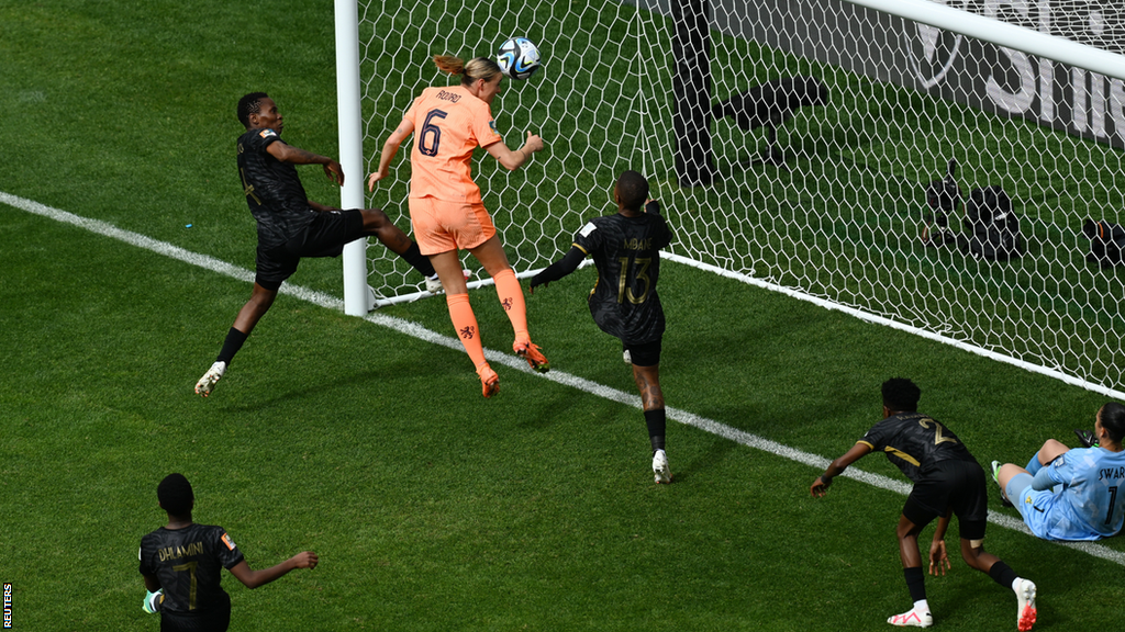 Jill Roord scores for the Netherlands against South Africa at the Women's World Cup