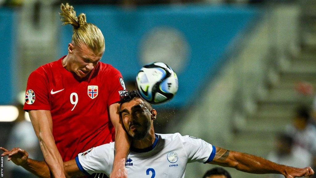 Erling Haaland heading the ball against Cyrpus