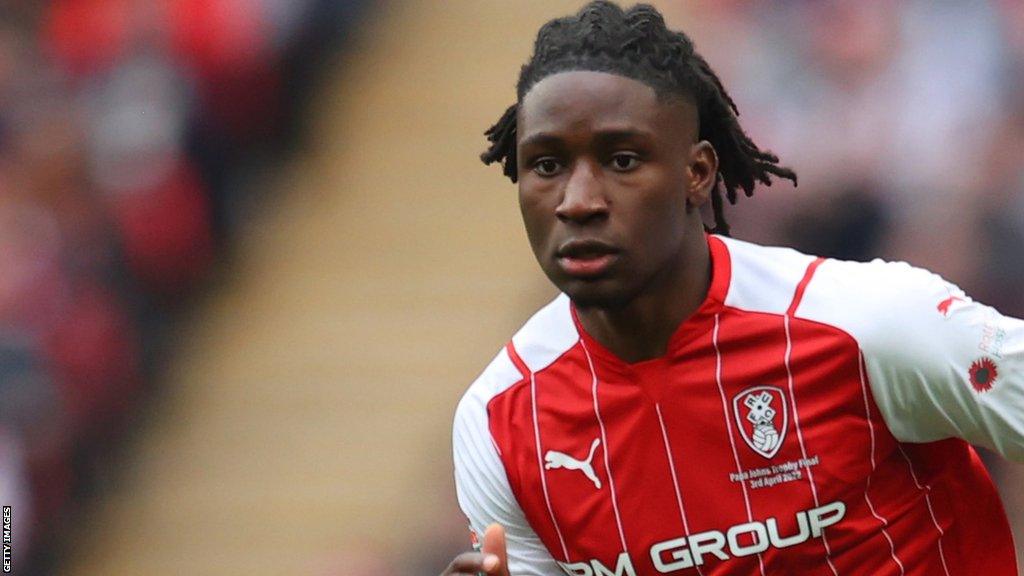 Joshua Kayode makes a run in Rotherham's EFL Trophy final at Wembley in 2022