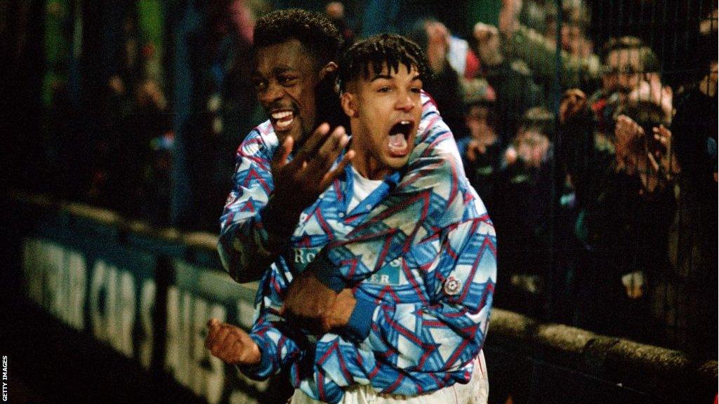 Andy Preece scores the winning goal for Stockport in a 1994 FA Cup tie