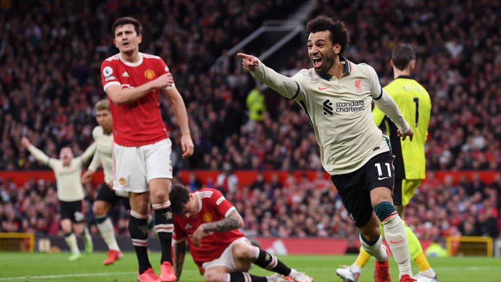 Mohamed Salah scores against Manchester United at Old Trafford in 2021