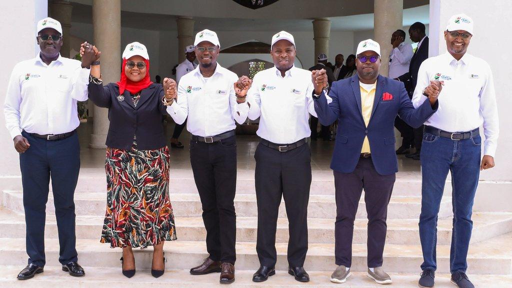 Kenya's permanent sports secretary Peter Tum, Zanzibar sports minister Tabia Maulid Mwita, Kenya's cabinet sports secretary Ababu Namwamba, Tanzania sports and culture secretary Gerson Msigwa, Tanzania Football Federation president Wallace Karia and Federation of Uganda Football Associations board member Rogers Byaukama in Kenya