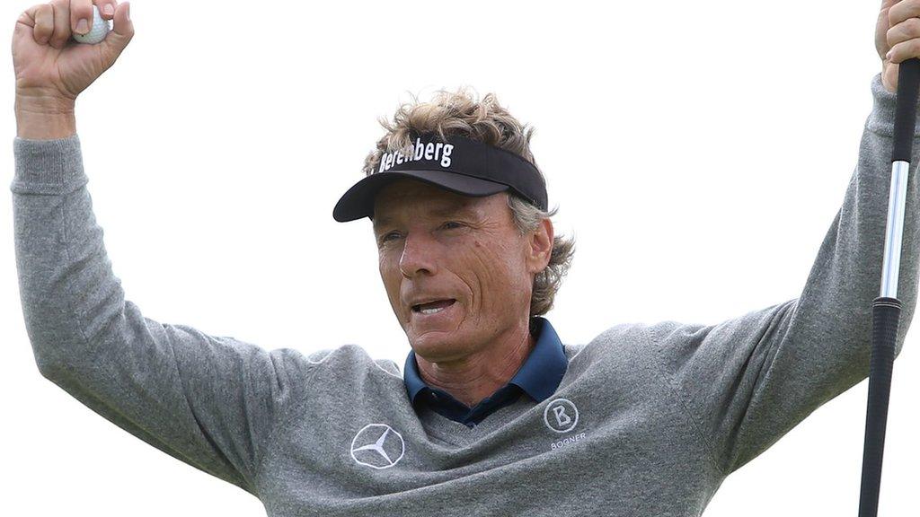 Bernhard Langer celebrates winning the Senior Open at Royal Porthcawl