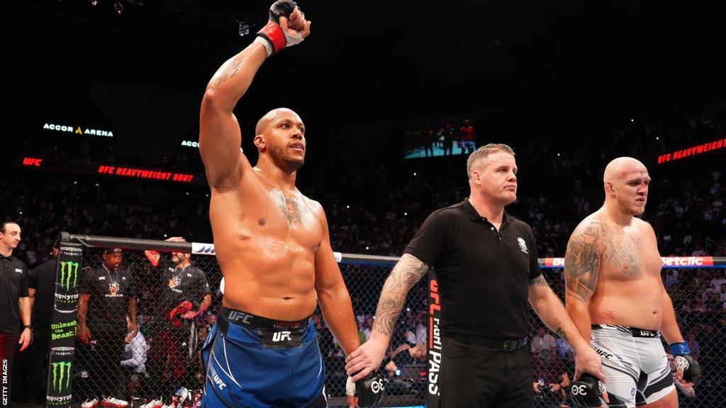 Ciryl Gane celebrates beating Serghei Spivac at UFC Paris