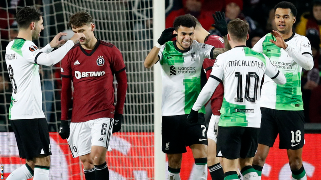 Liverpool's players celebrate a goal against Sparta Prague in the Europa League