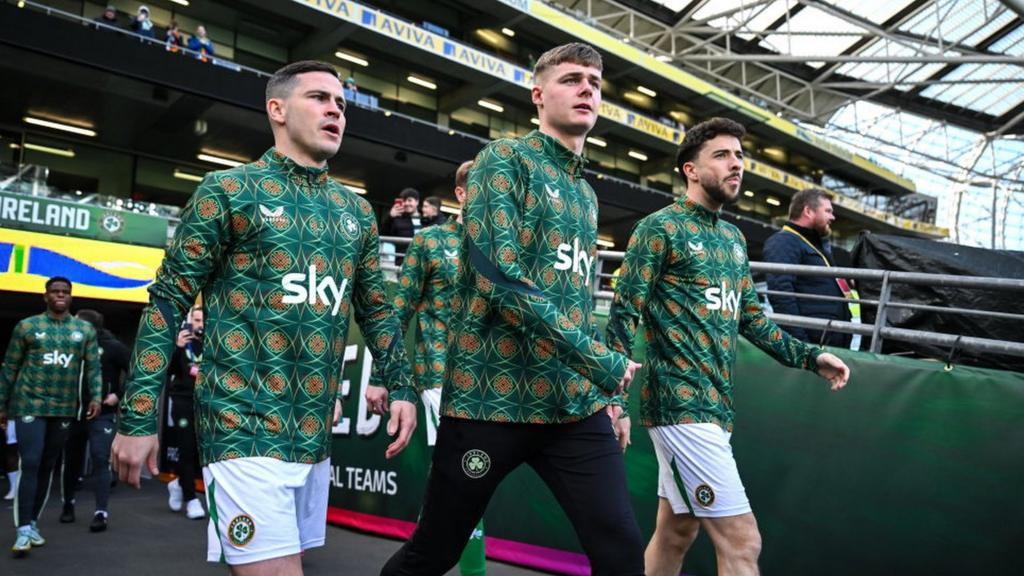 Republic of Ireland players, from left, Josh Cullen, Evan Ferguson and Mikey Johnston