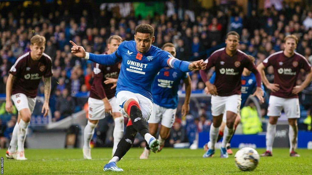 James Tavernier levels from the penalty spot against Hearts