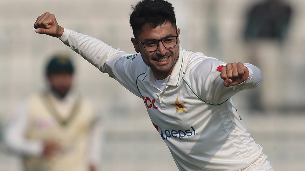 Pakistan spinner Abrar Ahmed celebrates taking a wicket