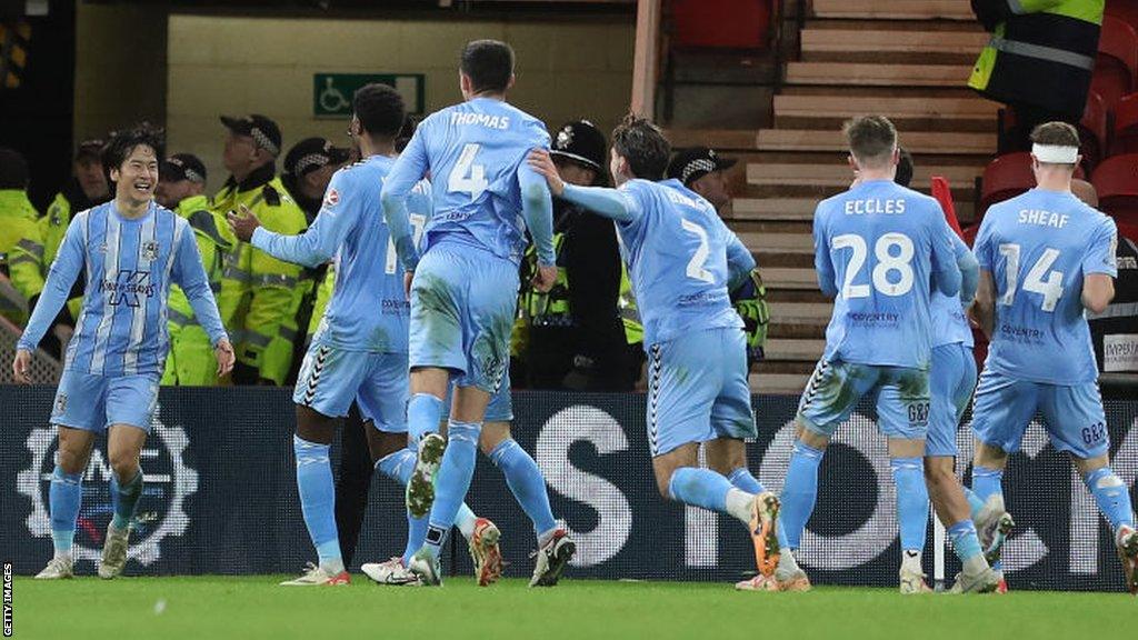 Tatsuhiro Sakamoto is celebrating after scoring Coventry City's third goal during the Sky Bet Championship match between Middlesbrough and Coventry City at the Riverside Stadium in Middlesbrough, on January 1, 2024