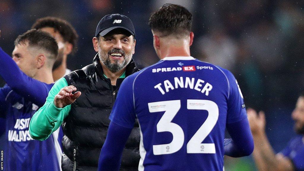 Ollie Tanner and Erol Bulut chat after the South Wales Derby win