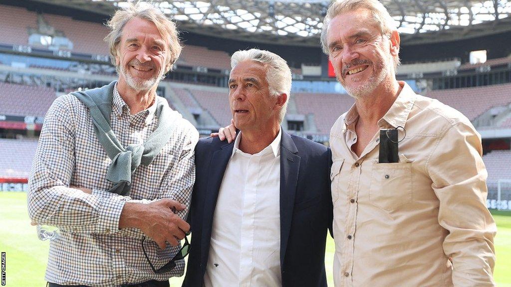 Sir Jim Ratcliffe pictured alongside his brother Bob and Nice president Jean-Pierre Rivere