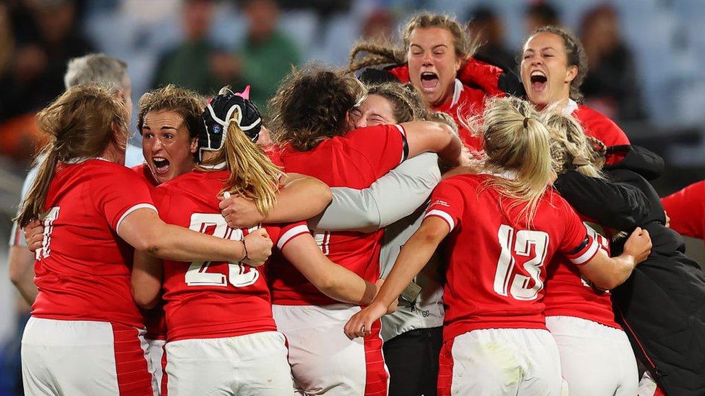 The womens welsh rugby team celebrating