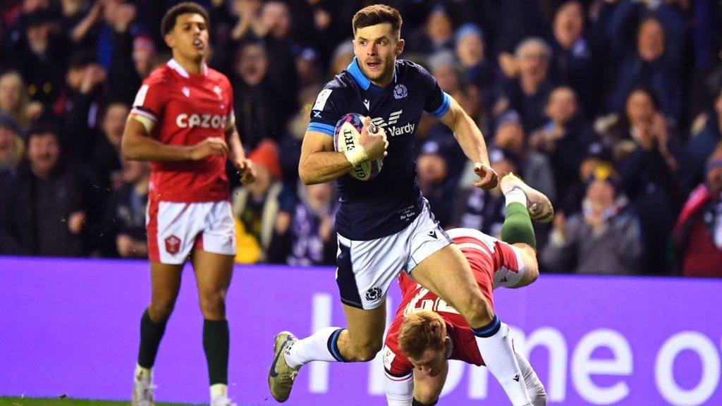 Scotland's Blair Kinghorn scoring a try against Wales in the 2023 Six Nations