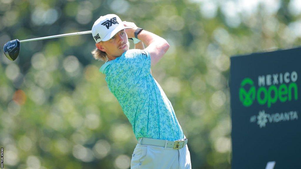 Jake Knapp of the United States plays a shot at the Mexico Open