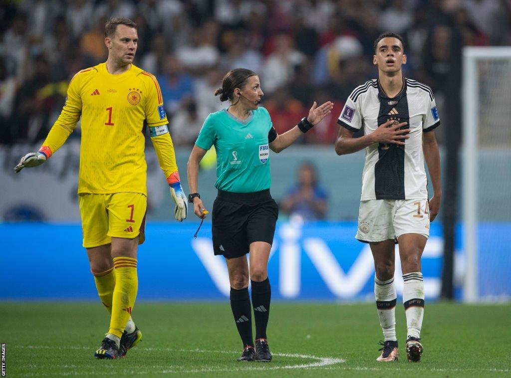 Manuel Neuer (left), Stephanie Frappart (centre) and Jamal Musiala (right) during Germany's 4-2 win over Costa Rica at the 2022 World Cup