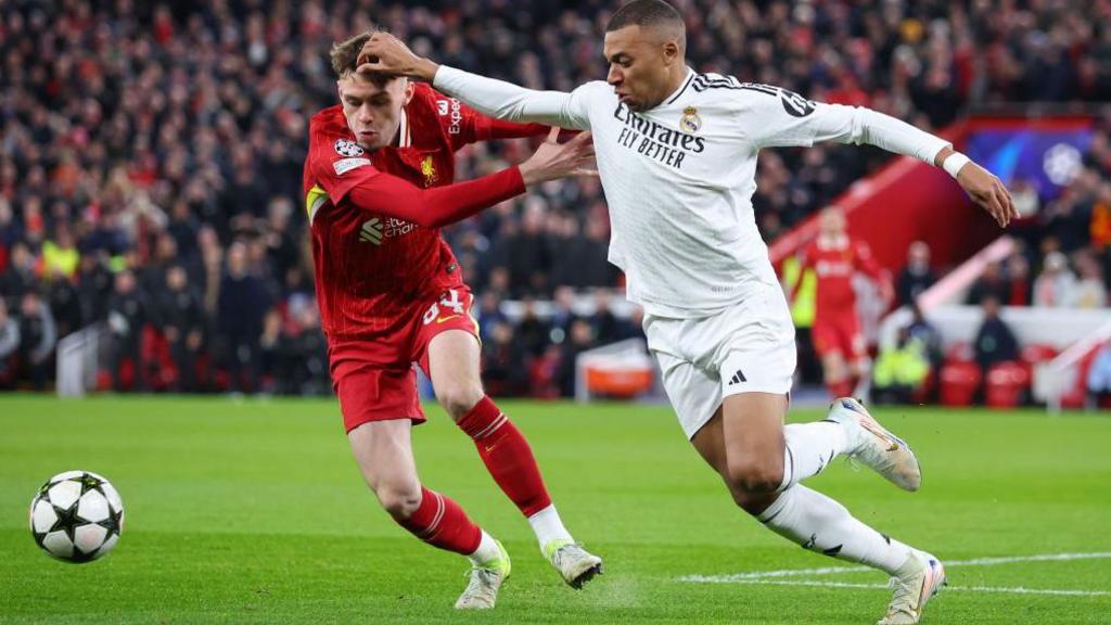 Conor Bradley in action for Liverpool against Real Madrid 