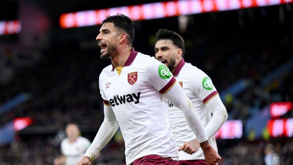 Emerson celebrates scoring for West Ham against Aston Villa at Villa Park in the Premier League