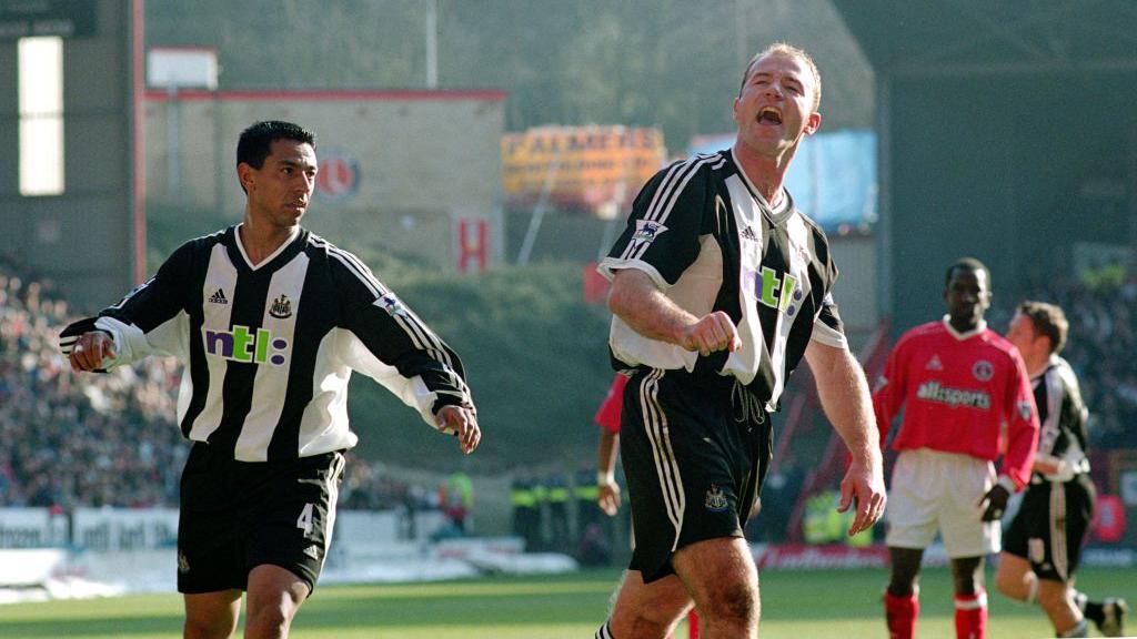 Image of Alan Shearer celebrating with Norberto Solano
