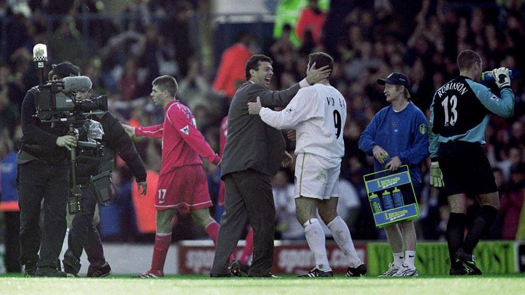 Mark Viduka celebrates after Leeds' 4-3 win over Liverpool in 2000 when he scored all four goals