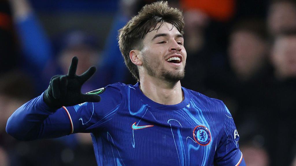 Marc Guiu celebrates after completing his hat-trick in Chelsea's Conference League win over Shamrock Rovers