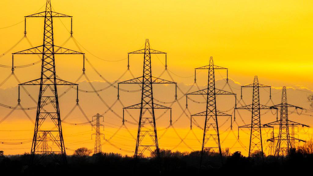 Electricity pylons standing in the countryside, pictured in silhouette against an orange sky