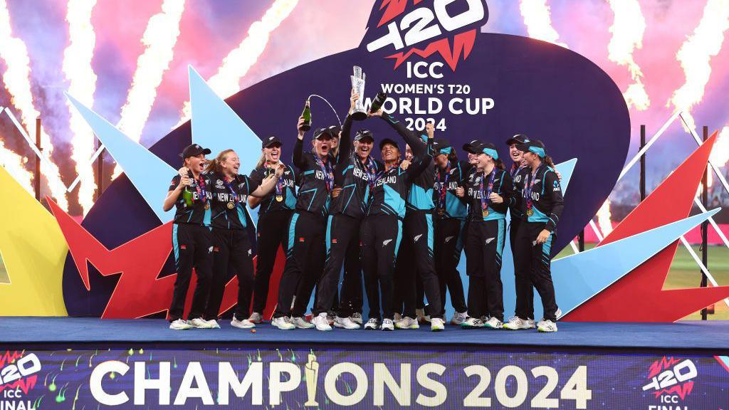 New Zealand celebrate with the Women's T20 World Cup trophy