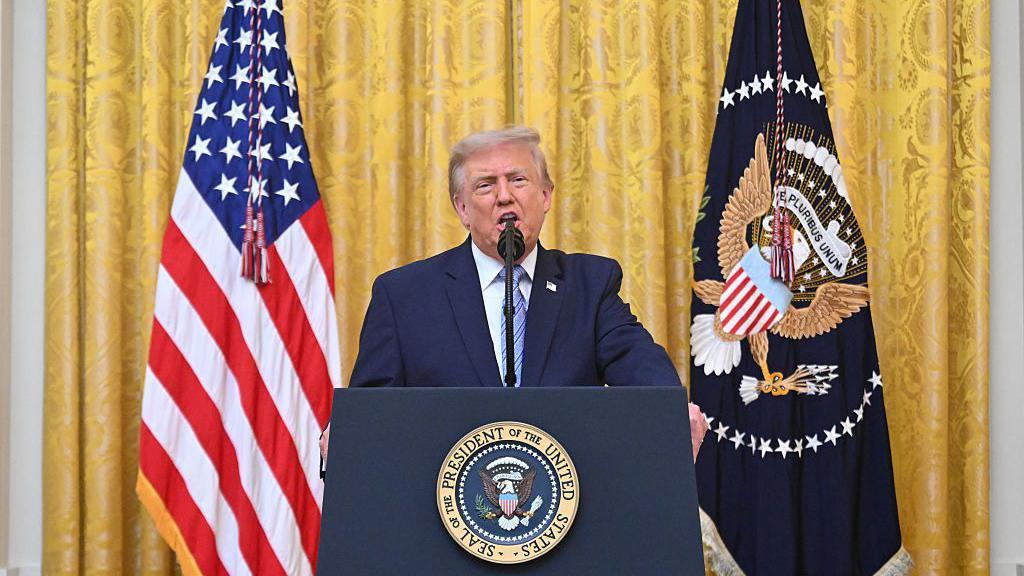 President Trump behind a podium with the presidential seal on the front speaking at the White House.